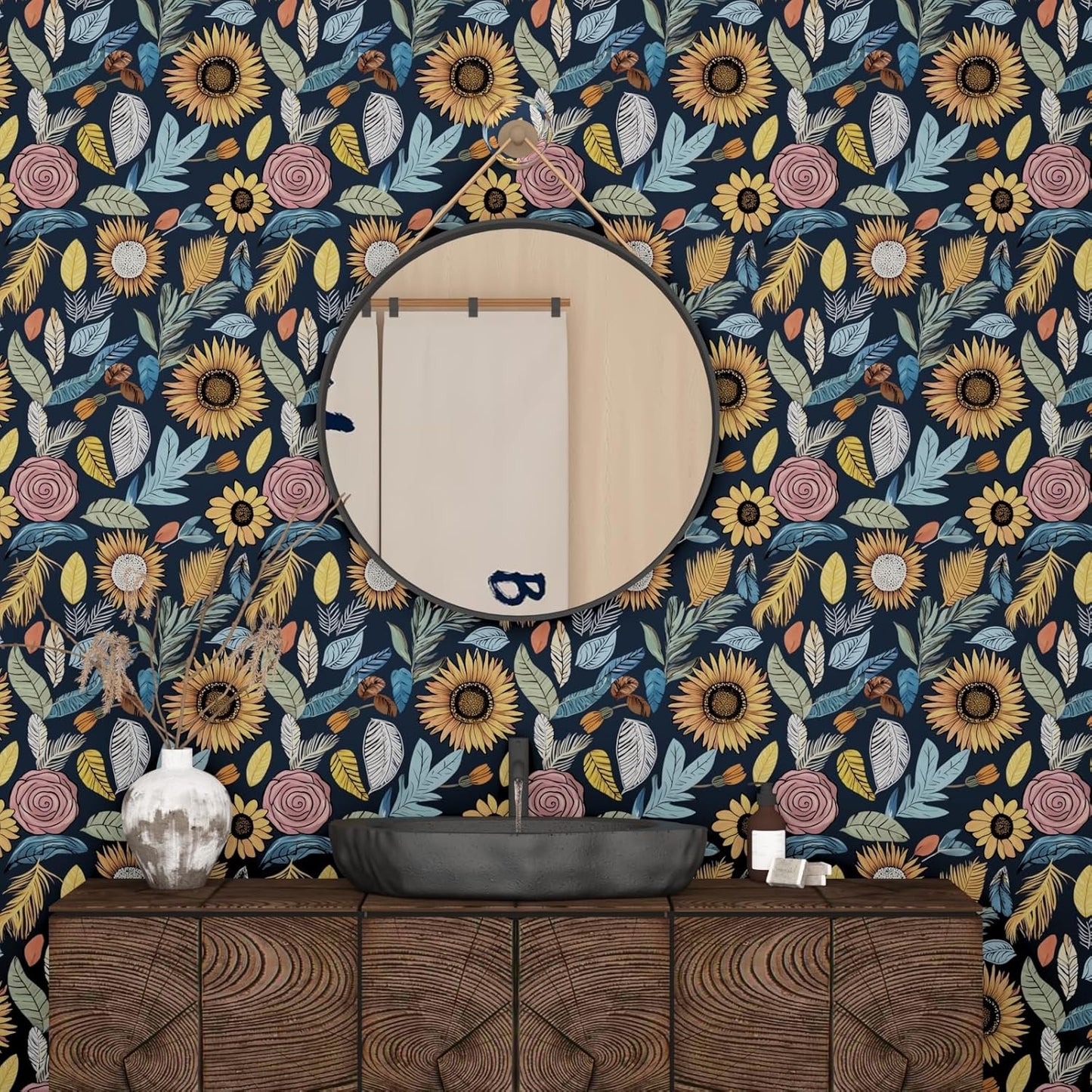 Blue Wallpaper Peel and Stick,Vintage Boho Floral Contact Paper 17.5" x 118", Retro Botanical Flower Wall Paper Self Adhesive Removable Waterproof for Walls Shelves Cabinet Table (Blue,Yellow, Green)