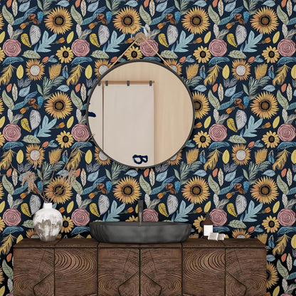 Blue Wallpaper Peel and Stick,Vintage Boho Floral Contact Paper 17.5" x 118", Retro Botanical Flower Wall Paper Self Adhesive Removable Waterproof for Walls Shelves Cabinet Table (Blue,Yellow, Green)