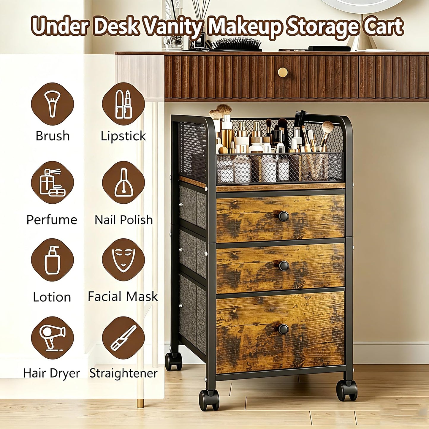 Rolling Makeup Organizer Cart with 3 Drawers, Under Desk Vanity Makeup Storage Cart, Bathroom Storage Cart Cosmetic Display Cases Cabinet for Nail Polish, Brushes & Hair Tools, Gold