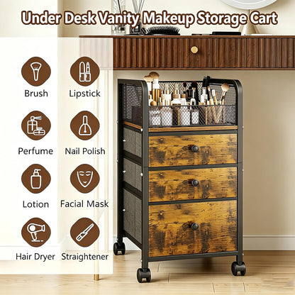 Rolling Makeup Organizer Cart with 3 Drawers, Under Desk Vanity Makeup Storage Cart, Bathroom Storage Cart Cosmetic Display Cases Cabinet for Nail Polish, Brushes & Hair Tools, Gold