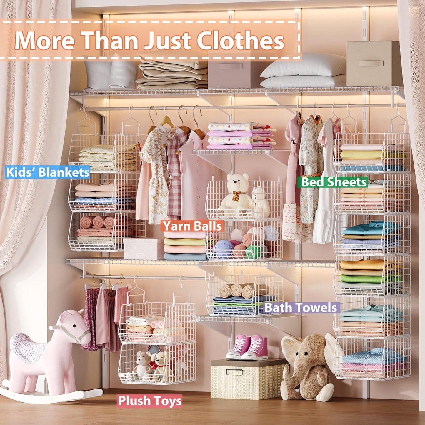 8-Tier Extended Depth Hanging Closet Organizers and Storage for Closet System, Stackable Closet Shelves with 4 Adjustable Dividers for Clothes Sweaters Purses, Wire Hanging Basket Fits Closet Laundry