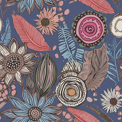 Blue Wallpaper Peel and Stick,Vintage Boho Floral Contact Paper 17.5" x 118", Retro Botanical Flower Wall Paper Self Adhesive Removable Waterproof for Walls Shelves Cabinet Table (Blue,Yellow, Green)