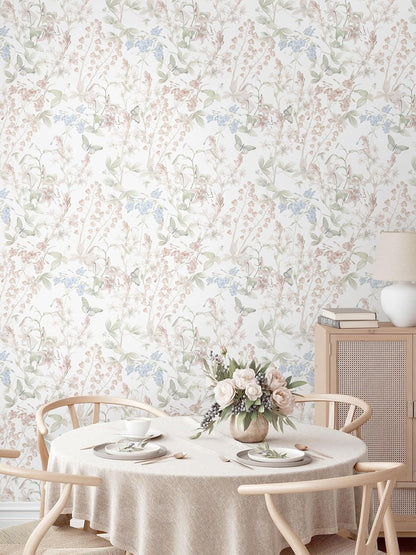 Dimoon 17.3''x78.7'' Vintage Peel and Stick Wallpaper Boho Beige Neutral Contact Paper White Floral Bird Wallpaper Removable Botanical Renter Friendly Modern Wall Paper Bedroom Bathroom Vinyl Roll