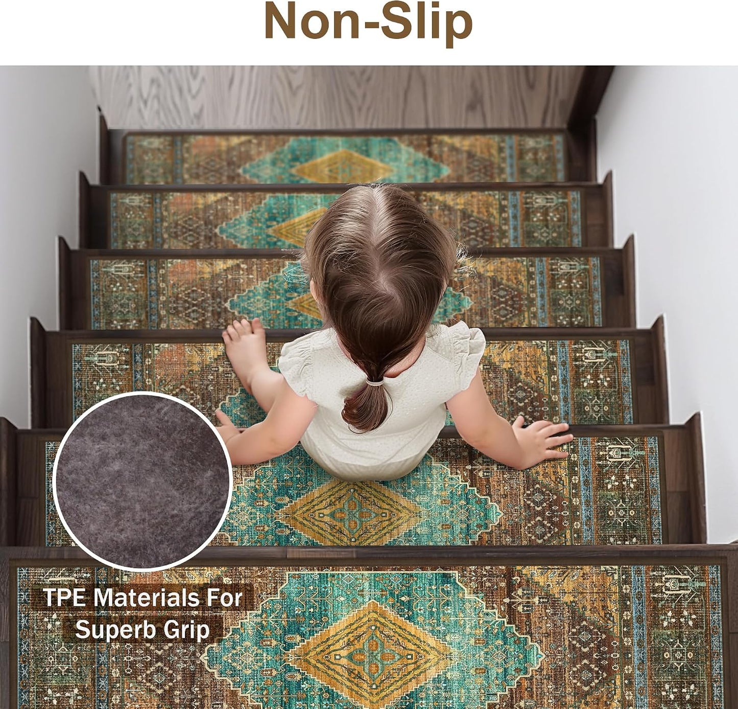 sarben Non Slip Stair Treads for Wooden Steps 15PCS - 8"x30" Indoor Safety Carpet, Edging Mats with TPE Adhesive Backing, Pet and Elderly Friendly Stair Rugs (Taupe) - Colors B