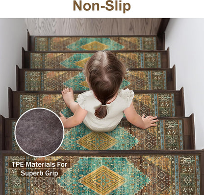 sarben Non Slip Stair Treads for Wooden Steps 15PCS - 8"x30" Indoor Safety Carpet, Edging Mats with TPE Adhesive Backing, Pet and Elderly Friendly Stair Rugs (Taupe) - Colors B