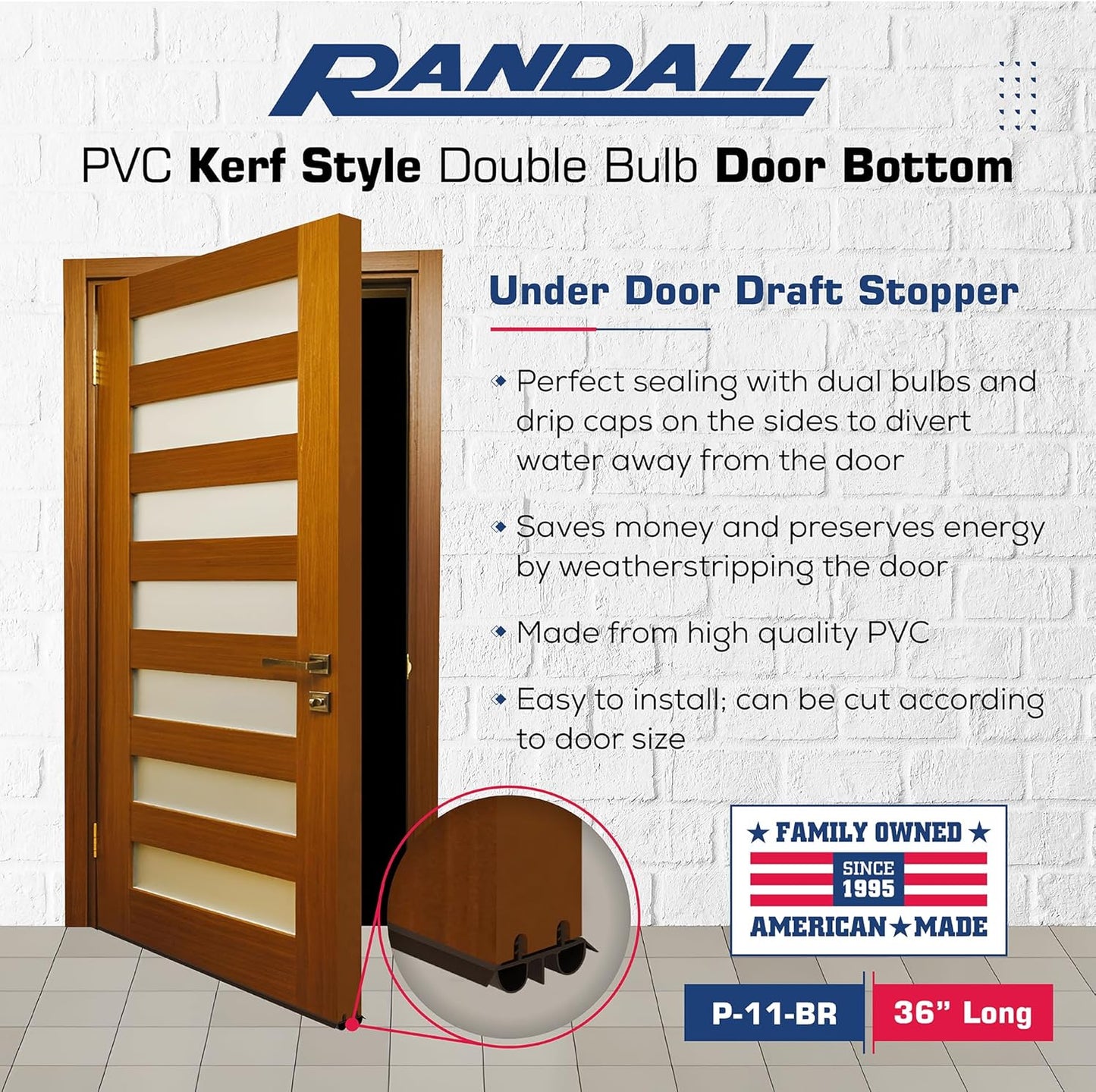 36" Kerf Slide-in Double Bulb Seal Weatherstrip Door Bottom – Durable Seal for Energy Efficiency & Draft Protection (Black)