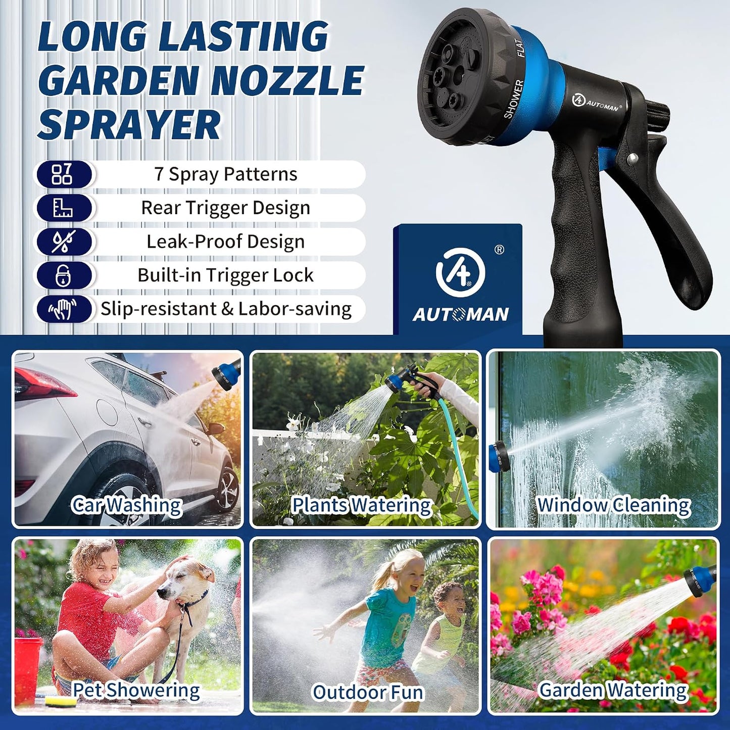 AUTOMAN Garden Hose Nozzle - 2 Pack, 100% Metal High Pressure Spray Nozzle, Labor-Saving Design, Heavy Duty for Garden Watering, Car Washing, Window Cleaning, Pets Bathing