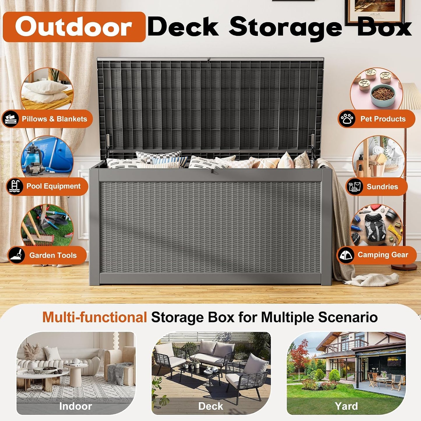Outdoor Storage Box, Resin Deck Boxes Indoor and outdoor, Waterproof Storage Box Lockable Lid (Black, 85 Gallon)