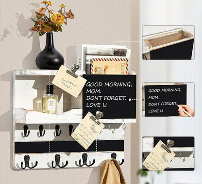 Key Holder for Wall Mount with Shelf and Mail Organizer, Key and Mail Holder with 16 Hooks, Farmhouse Entryway Organizer, Home Decor Rack (Pine Wood, Black)