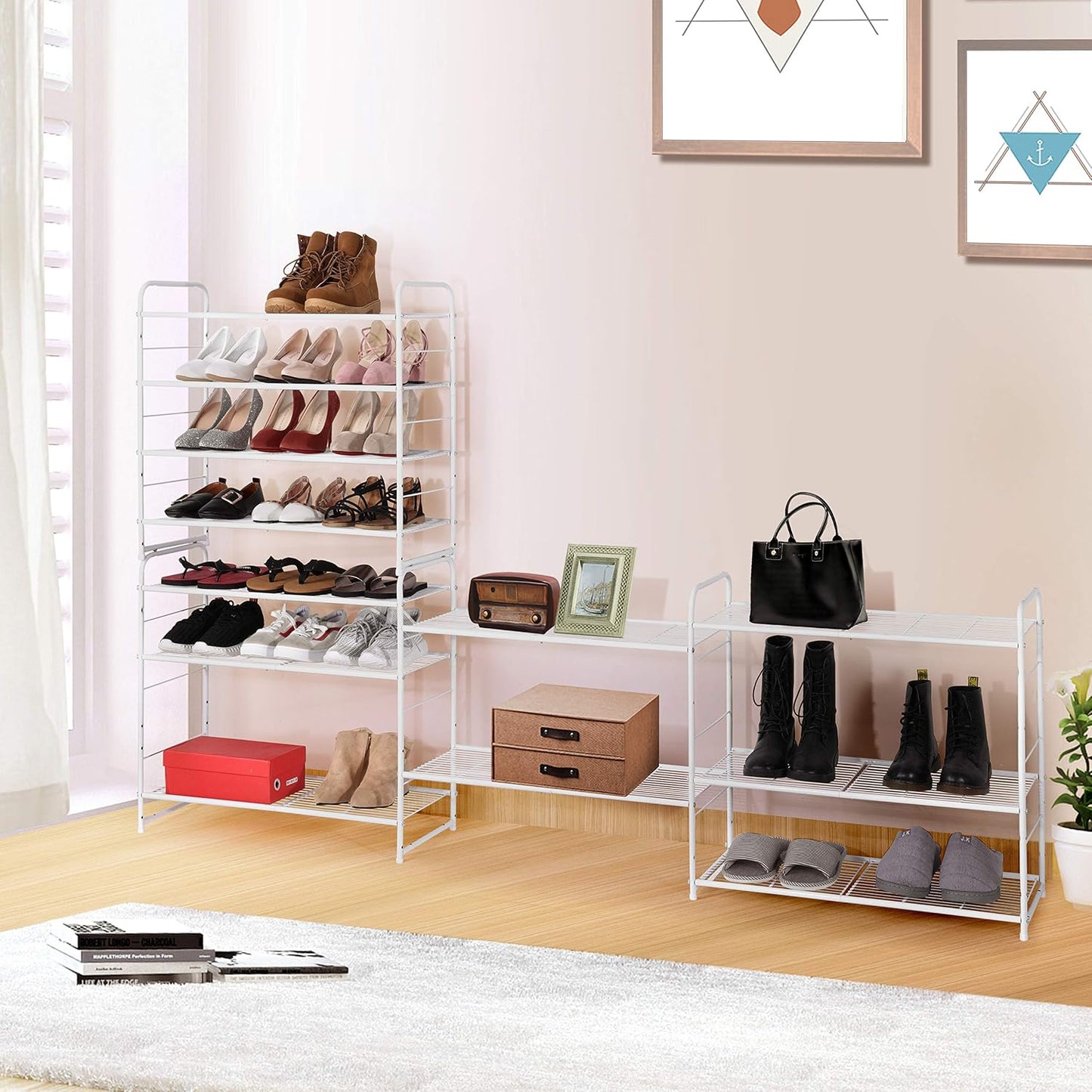 Simple Trending 3-Tier Stackable Shoe Rack, Expandable & Adjustable Shoe Shelf Storage Organizer, Wire Grid, Black
