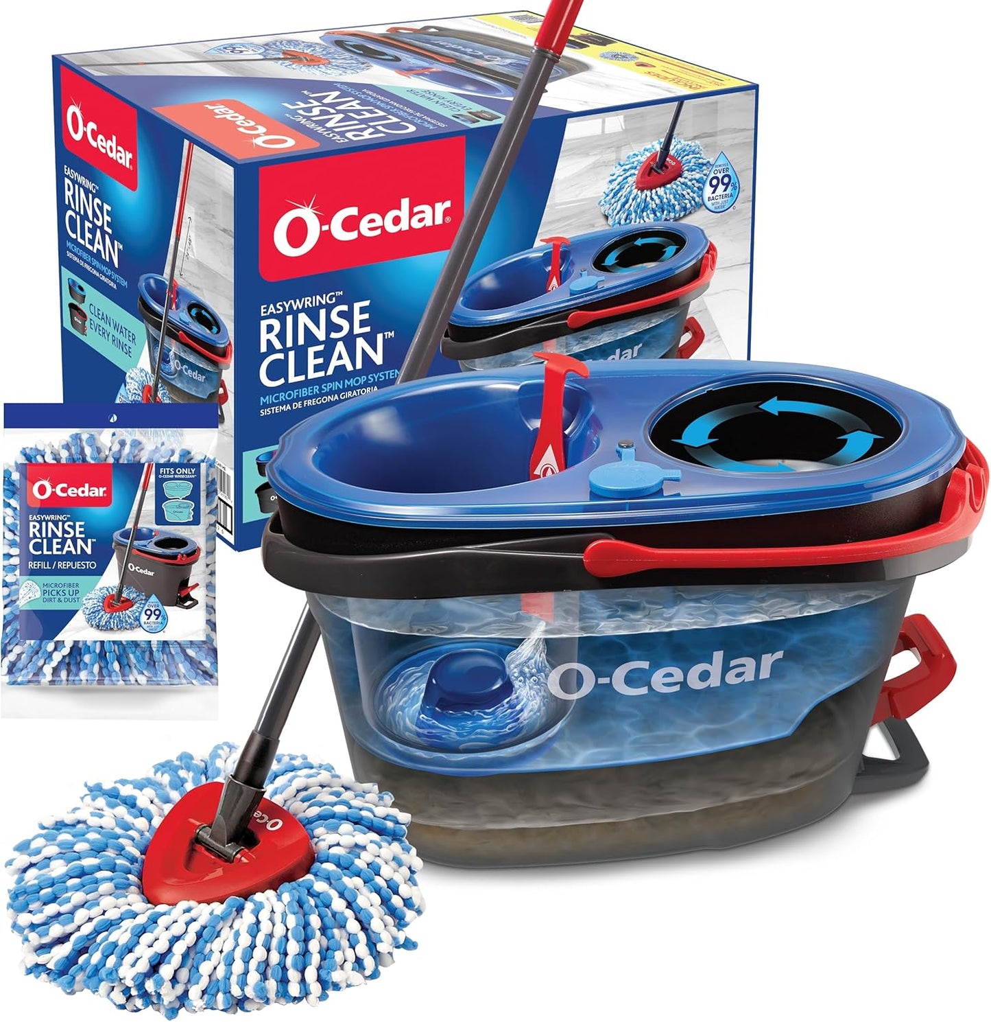 O-Cedar RinseClean Spin Mop & Bucket System + 2 Extra Mop Heads | Clean with Water | Removes 99% of Bacteria