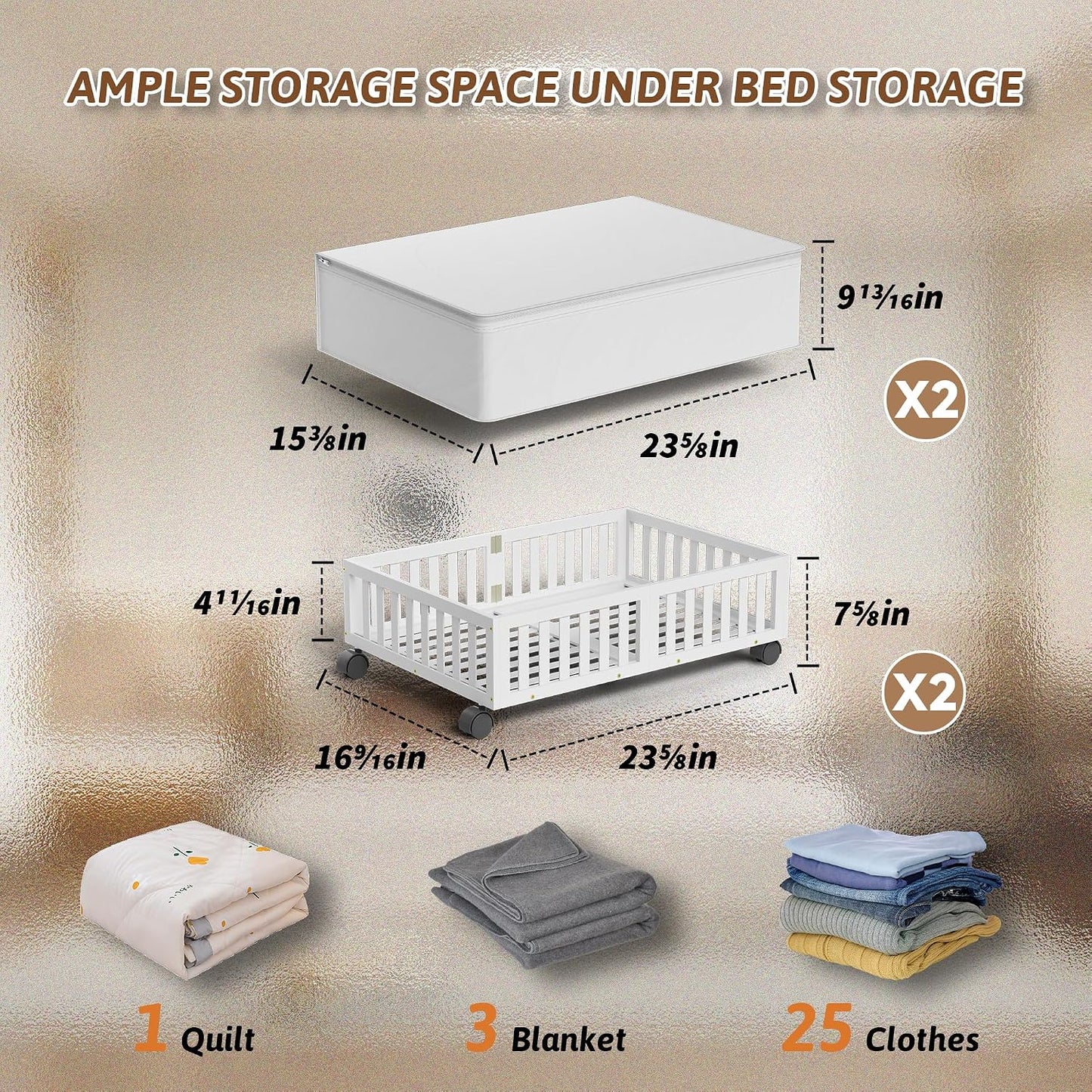 Bamboo Under Bed Storage Containers with Wheels, 2 Pack Under the Bed Shoe Storage Bins, Wood Rolling Underbed Drawers with Bag Organizer for Bedroom, Sheets Clothes Blanket Comforter, Under Crib Toy