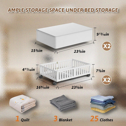 Bamboo Under Bed Storage Containers with Wheels, 2 Pack Under the Bed Shoe Storage Bins, Wood Rolling Underbed Drawers with Bag Organizer for Bedroom, Sheets Clothes Blanket Comforter, Under Crib Toy