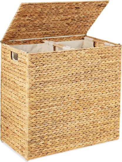 Best Choice Products Large Double Laundry Hamper with Lid, Natural Handwoven Water Hyacinth, 2 Sections w/ 2 Machine Washable Linen Liner Bags, Portable, Handles - Natural