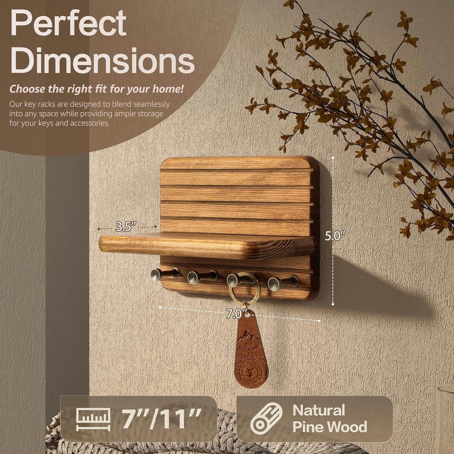 Rebee Vision Farmhouse Key Holder Wall Mount for Home Decor – Decorative Pine Wooden Key Holder for Wall with 6 Hooks & Floating Shelf - Rustic Charm for Room Decor Aesthetic (Brown)
