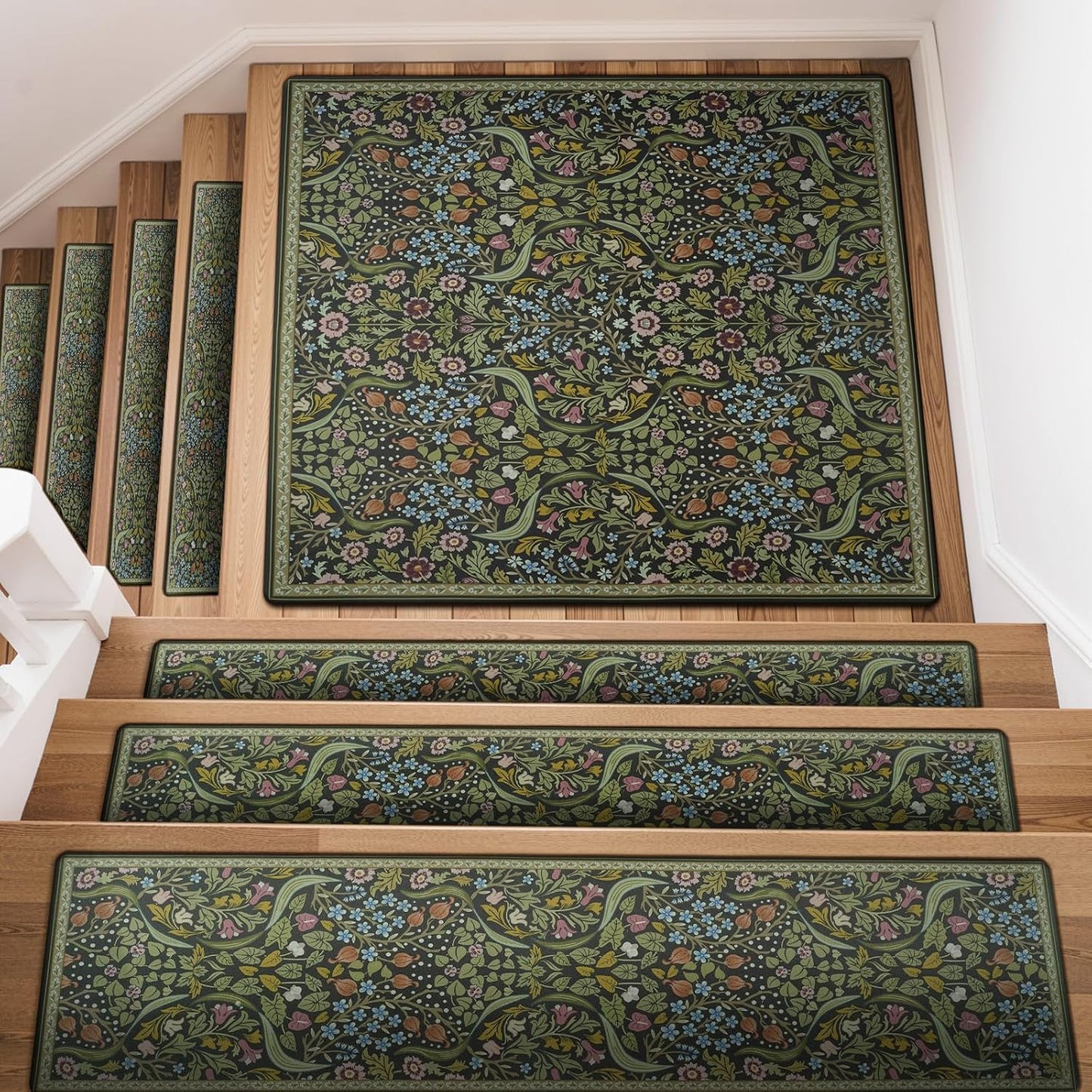 OJIA Floral Stair Treads Non-Slip Stair Runner for Wooden Steps Indoor 15PCS 30"x8" Carpet Stair Treads Stair Mats Staircase Step Treads for Kids, Elders and Dogs, Stair Covers, Black
