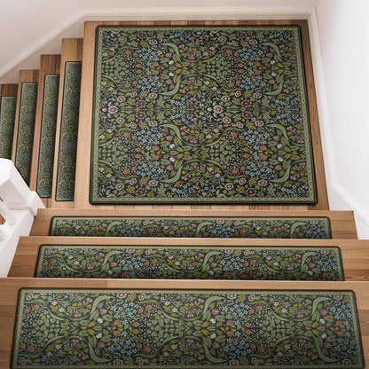 OJIA Floral Stair Treads Non-Slip Stair Runner for Wooden Steps Indoor 15PCS 30"x8" Carpet Stair Treads Stair Mats Staircase Step Treads for Kids, Elders and Dogs, Stair Covers, Black