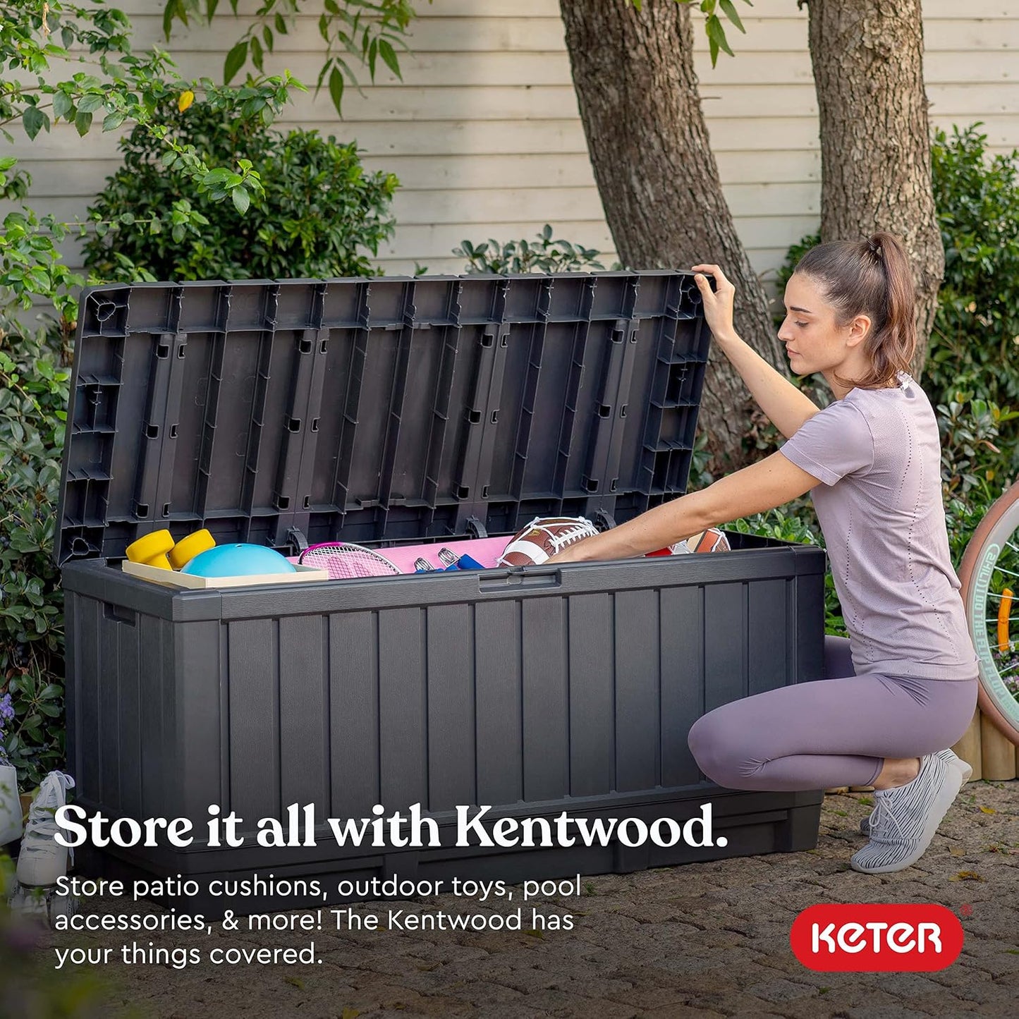 Keter Kentwood 92 Gallon Resin Deck Box-Organization and Storage for Patio Furniture Outdoor Cushions, Throw Pillows, Garden Tools and Pool Floats, Brown