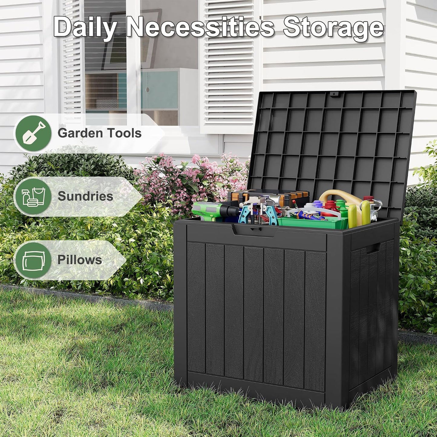 KAMABOKO 31 Gallon Outdoor Storage Box, Resin Deck Boxes Indoor and outdoor, Waterproof Storage Box Lockable Lid for Garden Tools, Package Delivery, Pool Supplies, Patio Cushions, Black