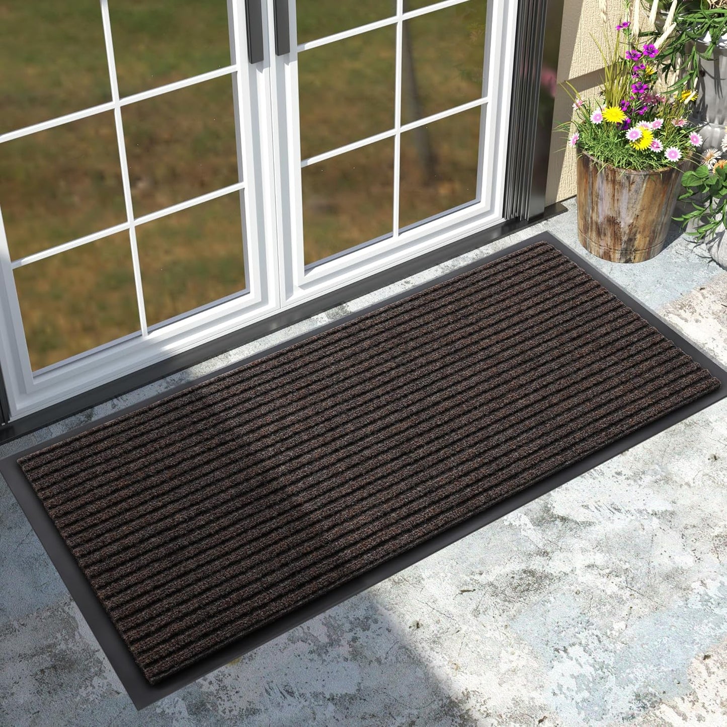 Yimobra Welcome Mat, Heavy Duty Sturdy Door Mats for Home Entrance Outdoor Indoor, Front Doormat for Outside Patio Floor Entry Porch Garage Office, Waterproof, Low Profile, 29.5x17, Black Grey