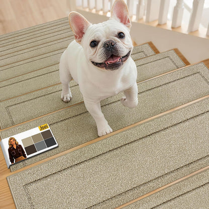 JSEI Stair Treads for Wooden Steps Indoor, 15-Pack Non Slip Stair Treads 30" x 8", Washable Polyester Stair Mats with TPE Backing, Low Profile Stair Rugs for Kids, Seniors and Dogs, Brown