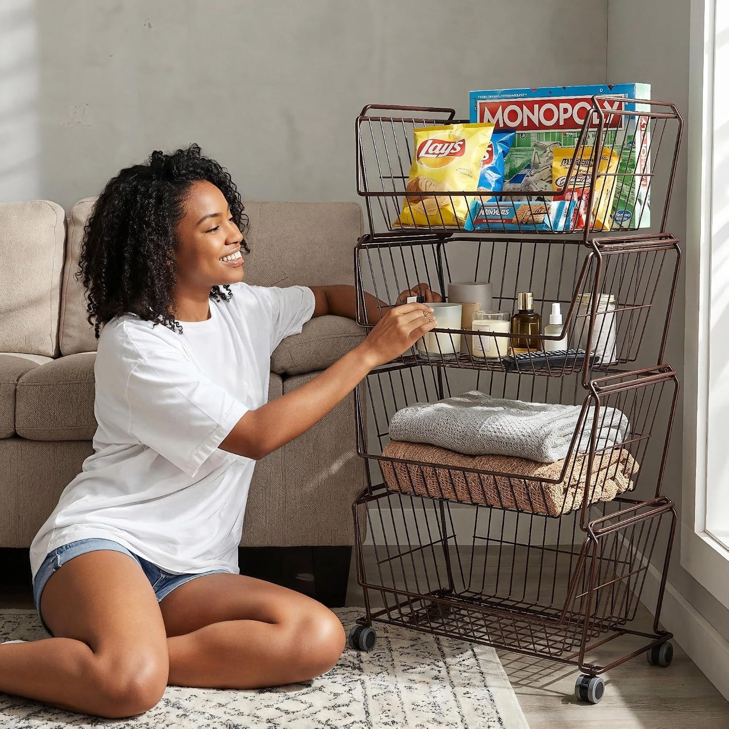 PUSDON 6-Tier Tall Stackable Wire Storage Baskets with Wheels, Vertical Metal Rolling Utility Cart, High Capacity Produce Basket for Kitchen Pantry, Snack Organizer, Matte Black