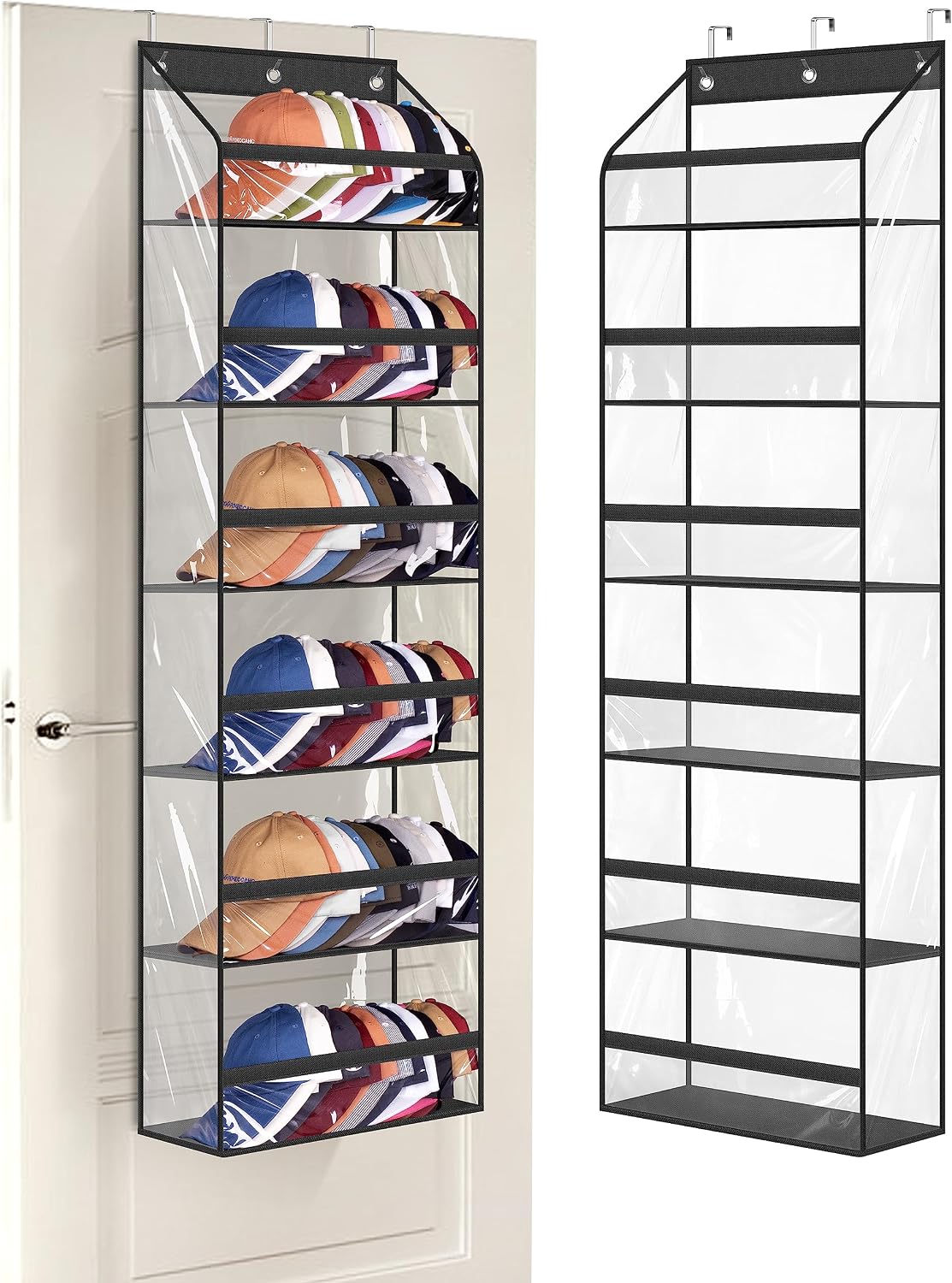 AOODA Clear Over the Door Hat Racks for Baseball Caps, Large Holds up to 72 Caps Hat Storage Organizer for Closet Wall, Deep Pockets Hanging Snapback Holder Shelves with 3 Hooks, White