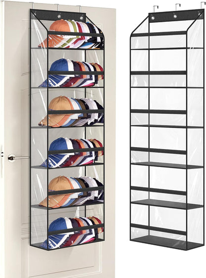 AOODA Clear Over the Door Hat Racks for Baseball Caps, Large Holds up to 72 Caps Hat Storage Organizer for Closet Wall, Deep Pockets Hanging Snapback Holder Shelves with 3 Hooks, White