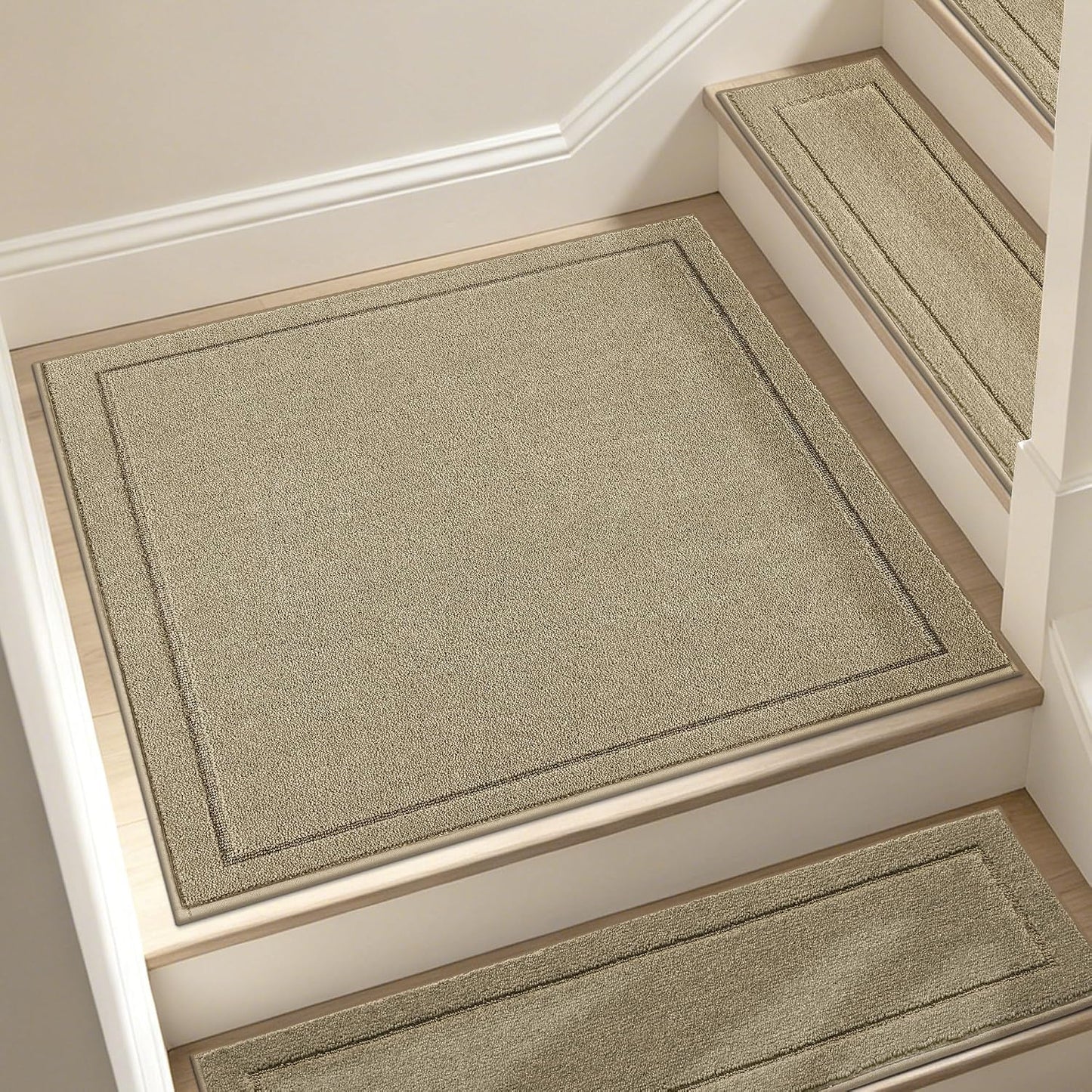 JSEI Stair Treads for Wooden Steps Indoor, 15-Pack Non Slip Stair Treads 30" x 8", Washable Polyester Stair Mats with TPE Backing, Low Profile Stair Rugs for Kids, Seniors and Dogs, Brown