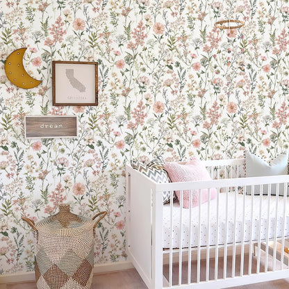 Orainege Pink Floral Peel and Stick Wallpaper Removable Self Adhesive Wallpaper 16.9inx118.1in Modern Wall Paper for Bedroom Bathroom Green Leaf Contact Paper for Cabinets