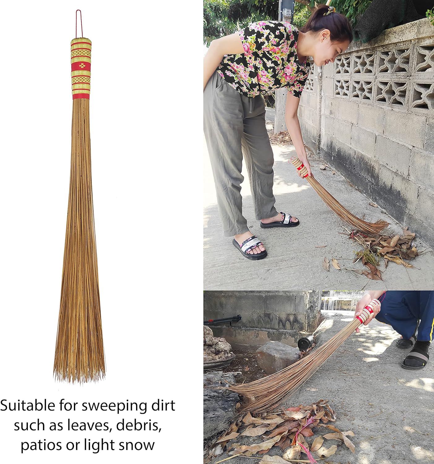 32 inch Multi-Surface Sturdy Outdoor Authentic Coconut Leaf Broom Asian Heavy Duty Broom Thai Natural Coconut Leaf Broom (Country Rustic) 1 Piece (2 piece)