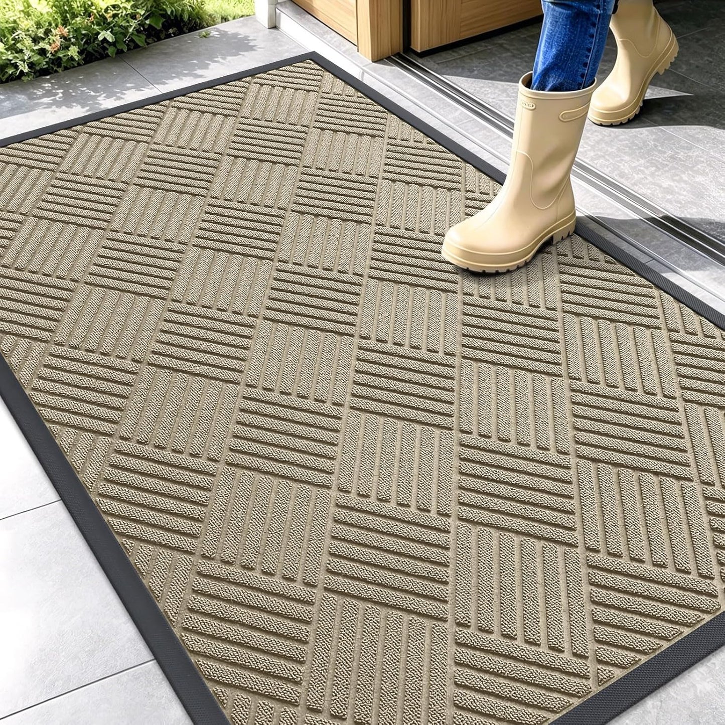 OLANLY Front Door Mat Outside Entrance 29.5x17, Absorbent, Heavy Duty Sturdy Natural Rubber Doormat Indoor Outdoor, Stain and Fade Resistant, Non-Slip Low Profile Floor Mat for Entryway, Grey Diamond