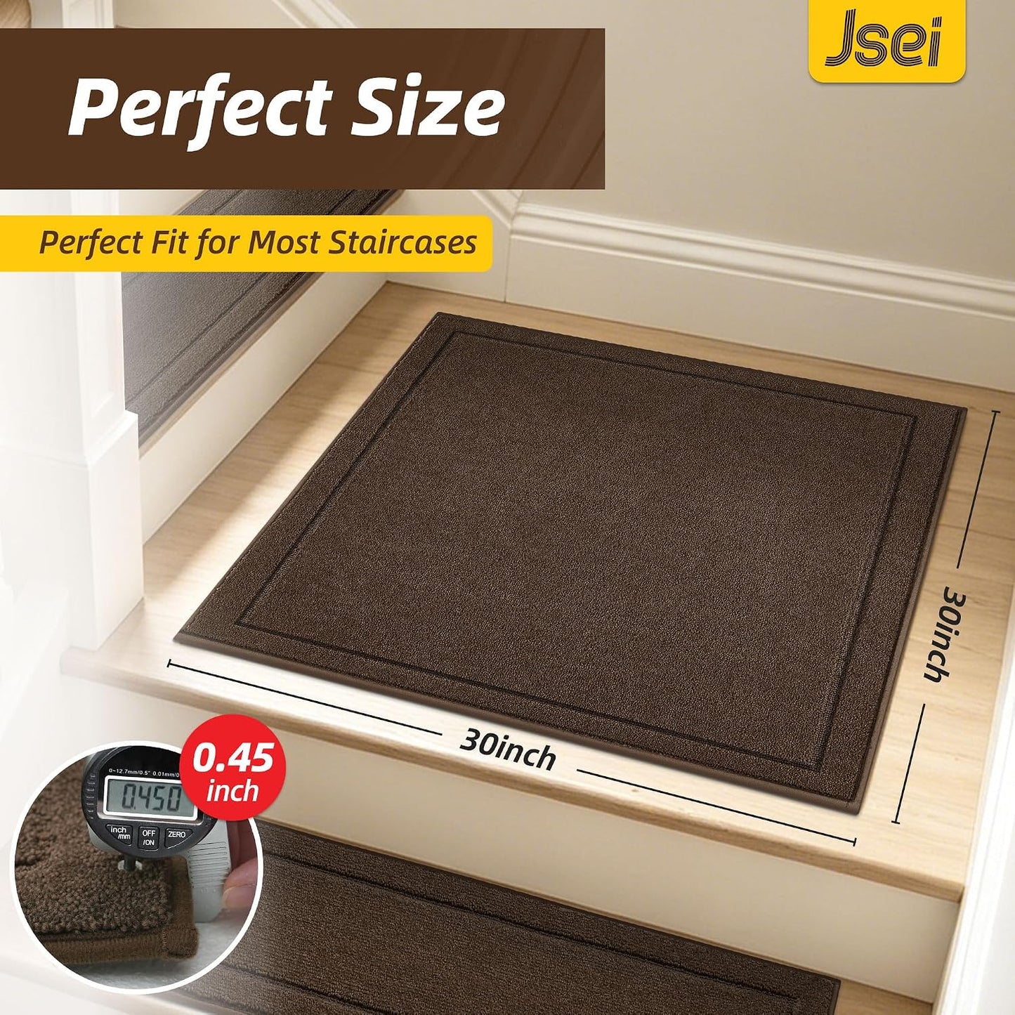 JSEI Stair Treads for Wooden Steps Indoor, 15-Pack Non Slip Stair Treads 30" x 8", Washable Polyester Stair Mats with TPE Backing, Low Profile Stair Rugs for Kids, Seniors and Dogs, Brown