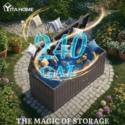 YITAHOME XXL 240 Gallon Extra Large Deck Box | Waterproof Resin Outdoor Storage Box with Lock and 3-Person Bench Seating for Patio Furniture Cushions,Garden Tools & Pool