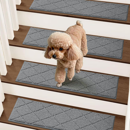 COSY HOMEER Edging Stair Treads Non-Slip Carpet Mat 28inX9in Indoor Stair Runners for Wooden Steps, Edging Stair Rugs for Kids and Dogs, 100% Polyester TPE Backing(4pc, Beige)