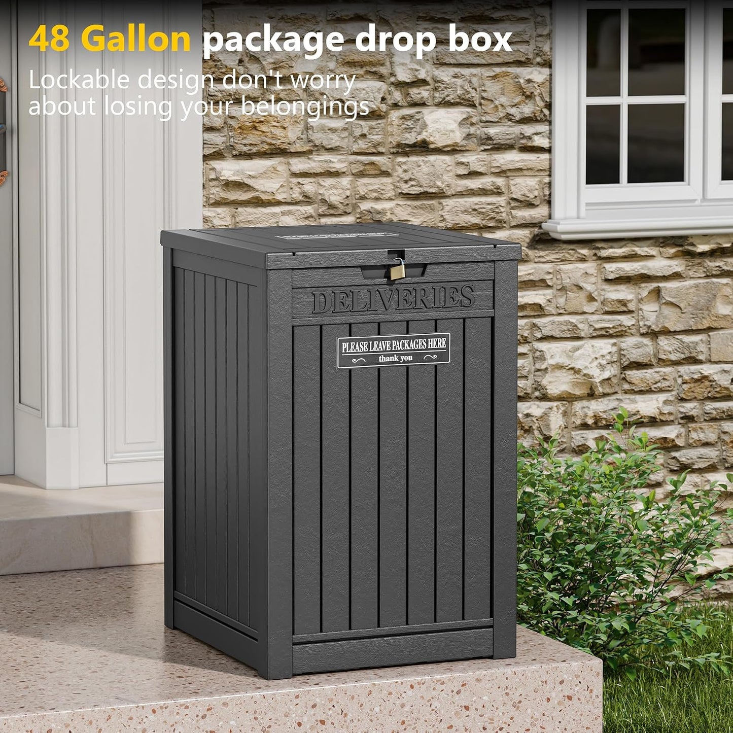 LHBGO Package Delivery Box for Outside, 48 Gallon Storage with Lockable Secure, Large Double Wall Resin Outdoor Package Delivery Waterproof Deck