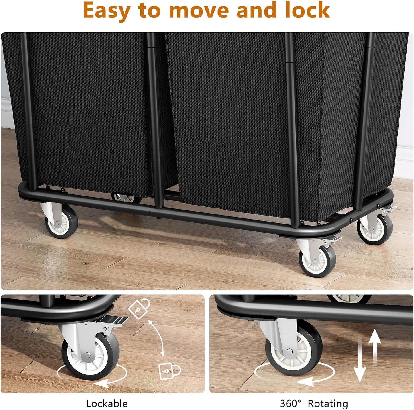 Gewudraw Large laundry hamper with Wheels, 3 Bag Big Rolling Laundry Hamper Sorter Cart, Extra Large Laundry Clothes Hamper, Heavy Duty Laundry Basket Organizer for Laundry Room,Bathroom,Black