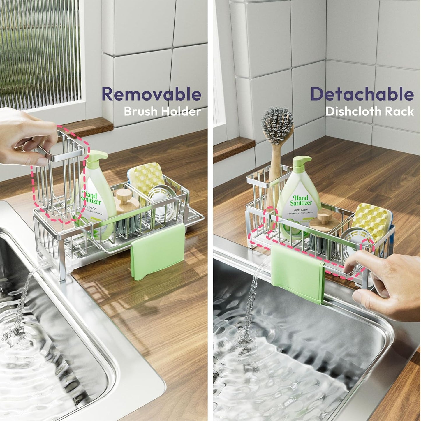 SWTYMIKI Sink Caddy Sponge Holder - Large Sponge Holder for Kitchen Sink with 360°Auto-Drain Tray, Rustproof Stainless Steel Kitchen Organizer Caddy for Countertop Organization