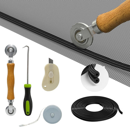 Window Screen Door Repair Kit: 48"x118" Fiberglass Replacement Screen Mesh - 6 in 1 DIY Set of Tools with Rolling Tool/Hook/Ruler/Cutter/Spline, Suitable for Window, Sliding Door, Patio & RV