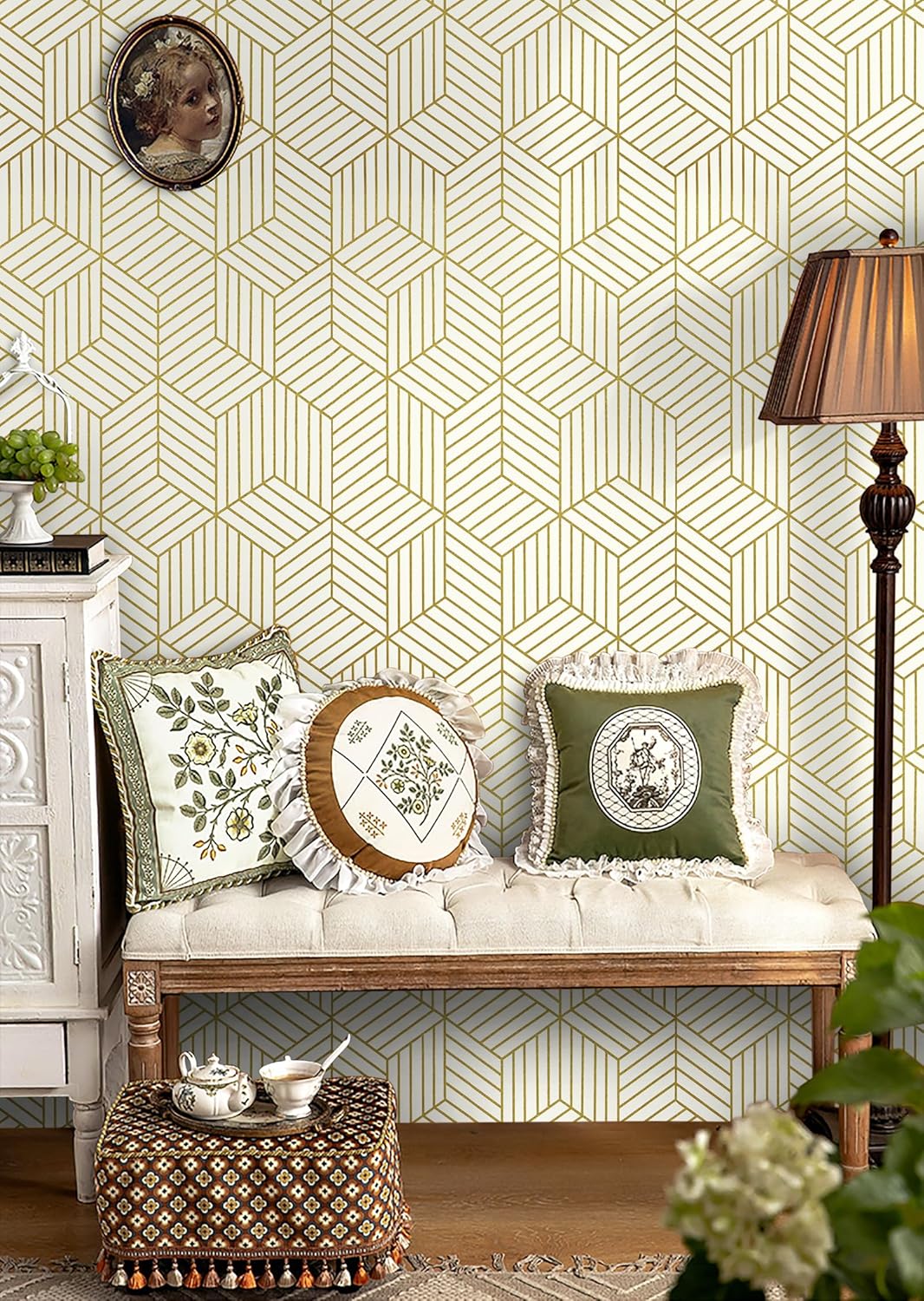 CiCiwind Wallpaper Peel and Stick Modern White and Gold Contact Paper Peel and Stick Geometric Removable Self Adhesive Wall Paper for Bedroom Renter Friendly Papel Tapiz para Pared 15.7"x118"