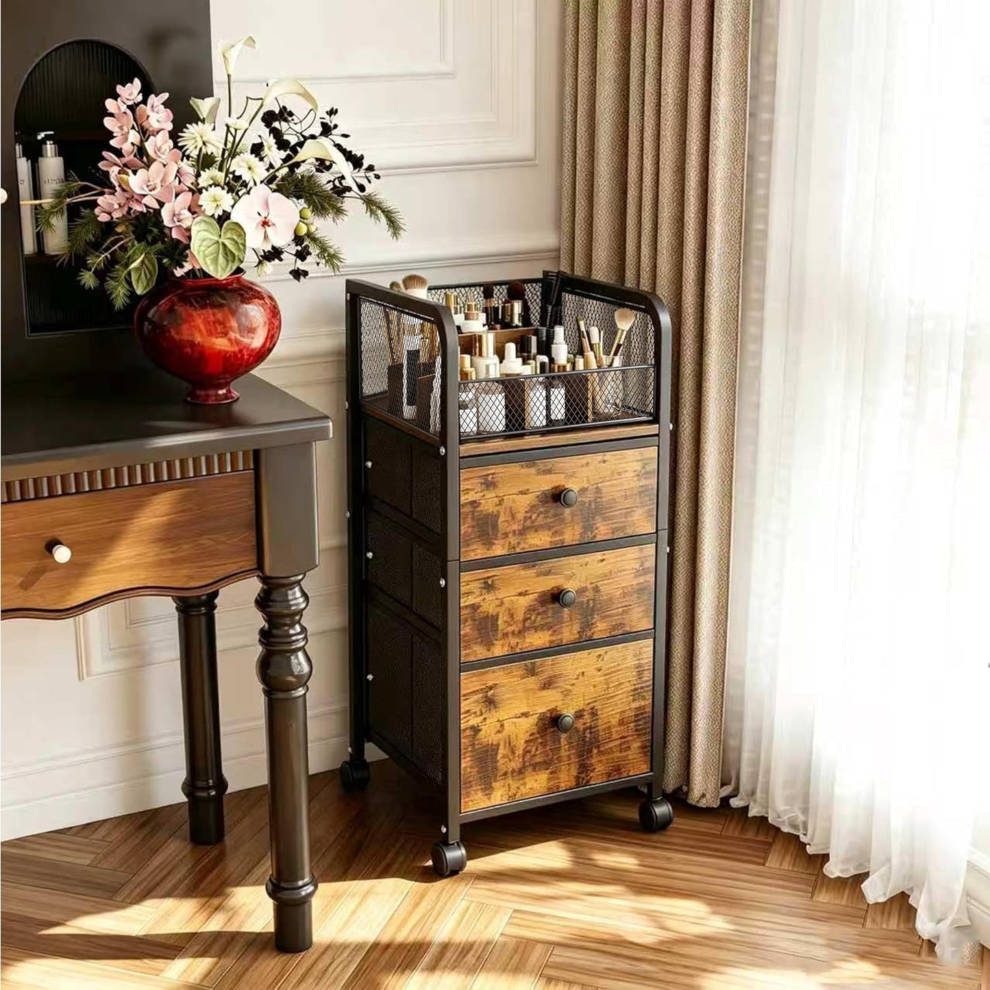 Rolling Makeup Organizer Cart with 3 Drawers, Under Desk Vanity Makeup Storage Cart, Bathroom Storage Cart Cosmetic Display Cases Cabinet for Nail Polish, Brushes & Hair Tools, Gold