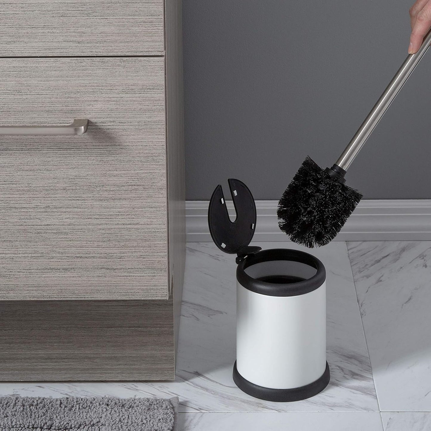 Bath Bliss Toilet Brush and Holder | Self Closing Lid | 360 Degree Brush Head | Bathroom Cleaning | Compact Size | Storage and Organization | Stainless Steel