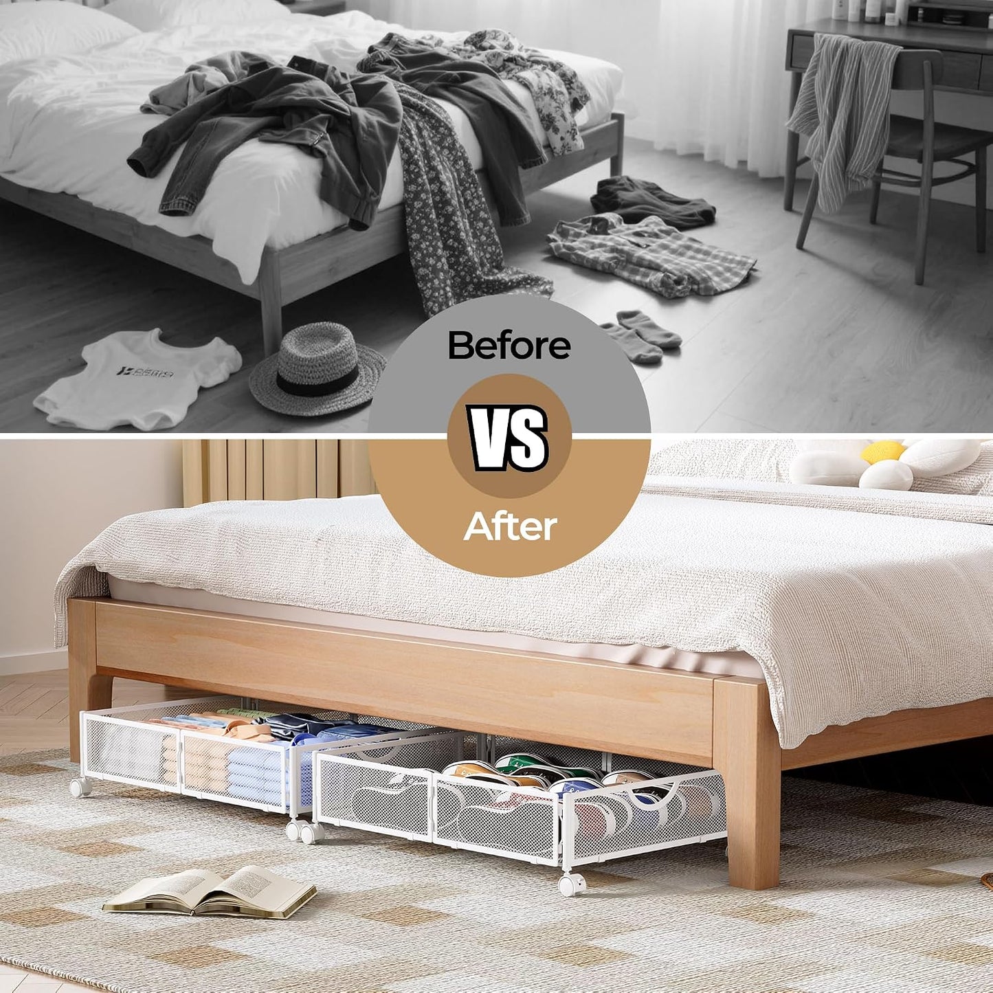 Yecaye Under Bed Storage with Wheels, 2 Pack Under Bed Shoe Storage Organizer Drawer, Tool-free Assembly Metal Underbed Storage Containers for Clothes, Shoes, Toys, Black