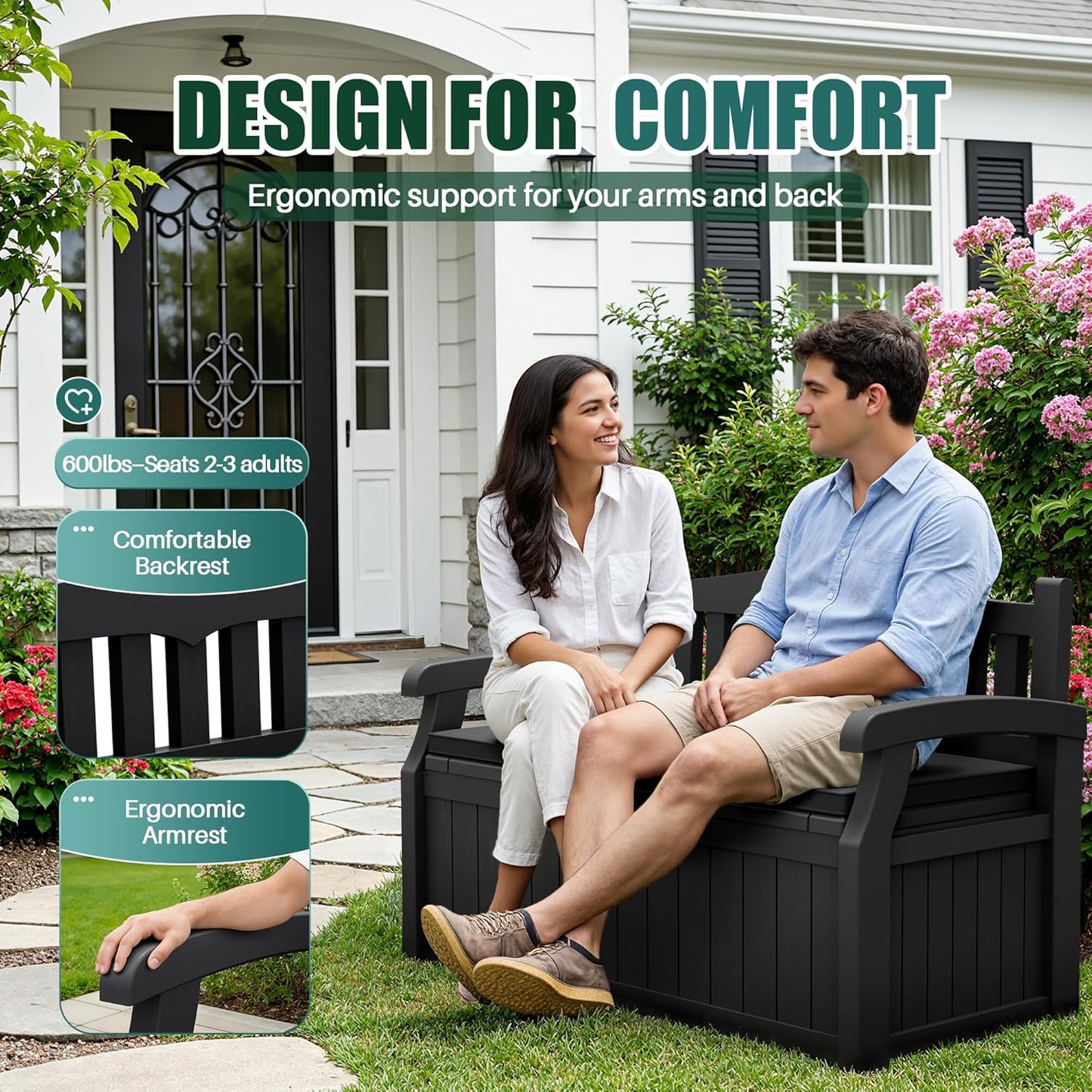 Devoko 80 Gallon Storage Bench Deck Box Lockable for Patio Furniture, Garden Decor and Outdoor Seating for Cushions, Garden Tools and Pool Supplies (Black)