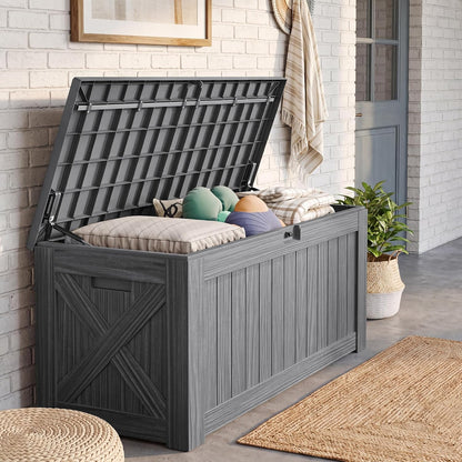 JUMMICO 31 Gallon Resin Deck Box Waterproof Indoor Outdoor Storage Boxes for Patio Furniture Cushions and Garden Tools (Brown)