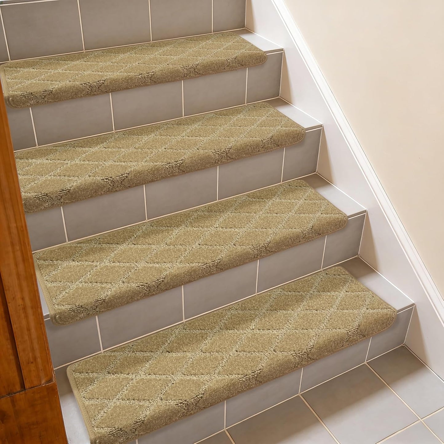 DEXDE Bullnose Stair Treads for Wooden Steps Non-Slip Stair Runner, 14 Pcs | Reusable bullnose carpet Stair Treads Indoor, Peel and Stick Stair Rugs with Edge Protection, Soft Washable, 30"x9.5" Grey