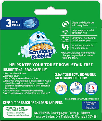 Scrubbing Bubbles Continuous Clean Toilet Drop-Ins, Automatic Blue Toilet Bowl Cleaner, Septic-Safe Tank Tablets Remove Hard Water Minerals & Limescale, Stain & Smell Protection, 3 Count (Pack of 1)