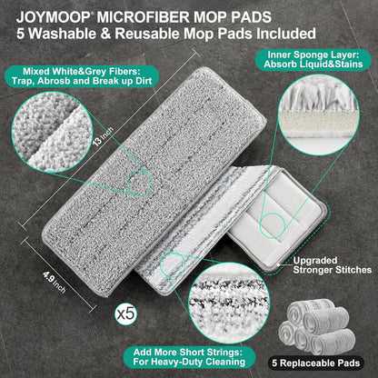 JOYMOOP Mop and Bucket Set, Flat Mops for Floor & Wall Cleaning, Commercial & Household Use, Hardwood Floor Mop with Long Handle & 4 Microfiber Pads