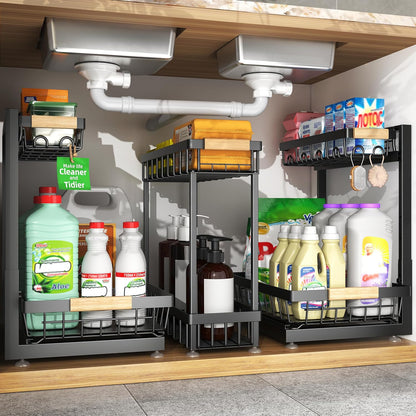 Sevenblue 3 Pack Under Sink Organizer, Height Adjustable 2 Tier Pull-Out Metal Under Kitchen Sink Organizer, Multi-Purpose Storage Shelves for Kitchen Bathroom Cabinet, White