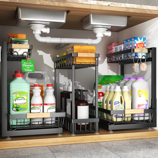 Sevenblue 3 Pack Under Sink Organizer, Height Adjustable 2 Tier Pull-Out Metal Under Kitchen Sink Organizer, Multi-Purpose Storage Shelves for Kitchen Bathroom Cabinet, White